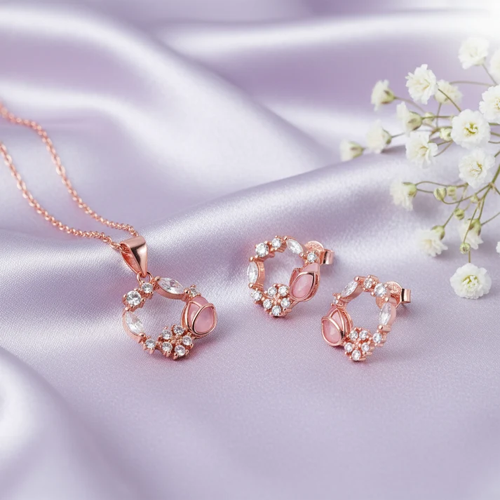 rose-gold-drop-wreath-pendant-set
